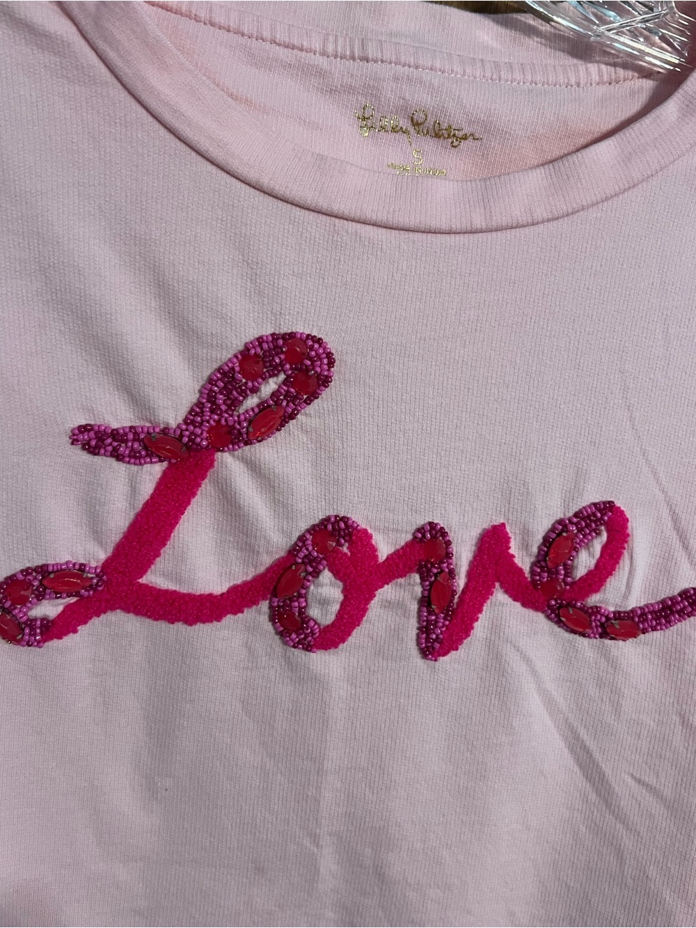 Lilly Pulitzer Pink Rami Graphic Sweatshirt Love Embellished Top Size Small - Picture 4 of 11